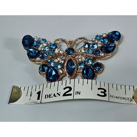 Vintage Style Blue Rhinestone Butterfly Brooch Pin Gold Tone Costume Jewelry - Picture 5 of 5